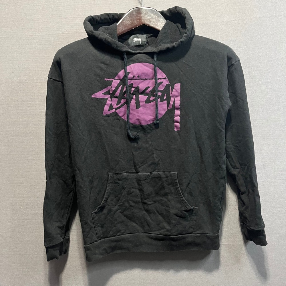 Stussy Mens Black Graphic Hoodie Purple Logo Pullover Sweatshirt Small USA Made - Picture 2 of 8